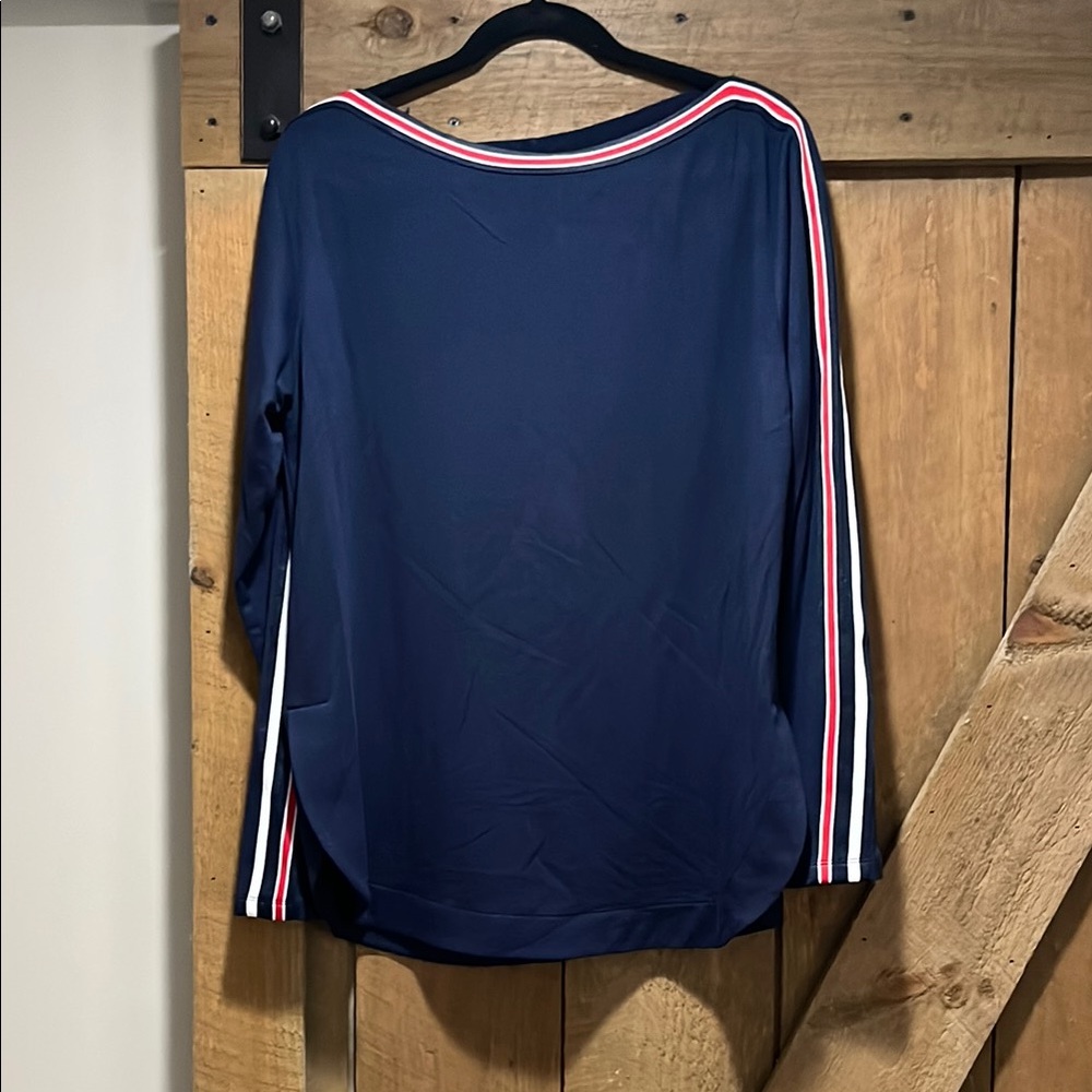 Navy Blue Long Sleeve Top with Sporty red and white Accents